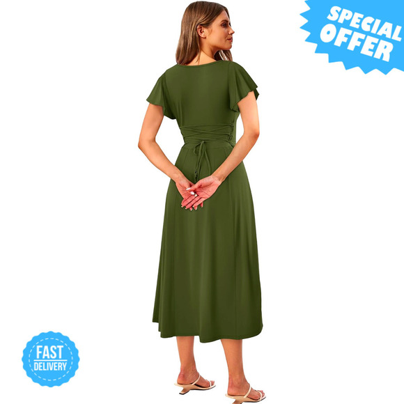 BRAND NEW SAMPEEL Midi Maxi Dress - Elegant Ruffle Sleeve & Tie Back - Picture 2 of 4